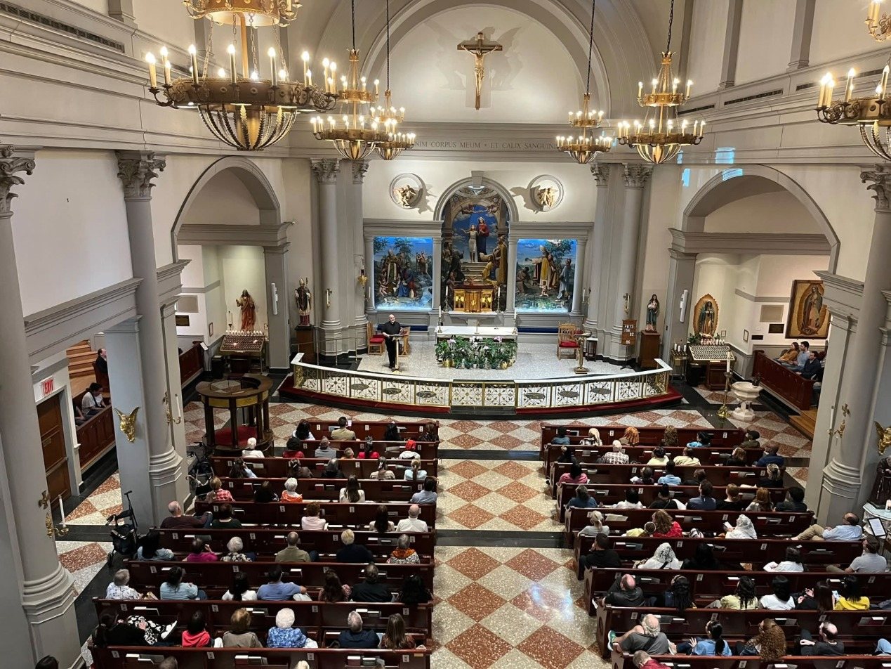 The nave of St. Agnes seen from the choir loft, looking toward the altar